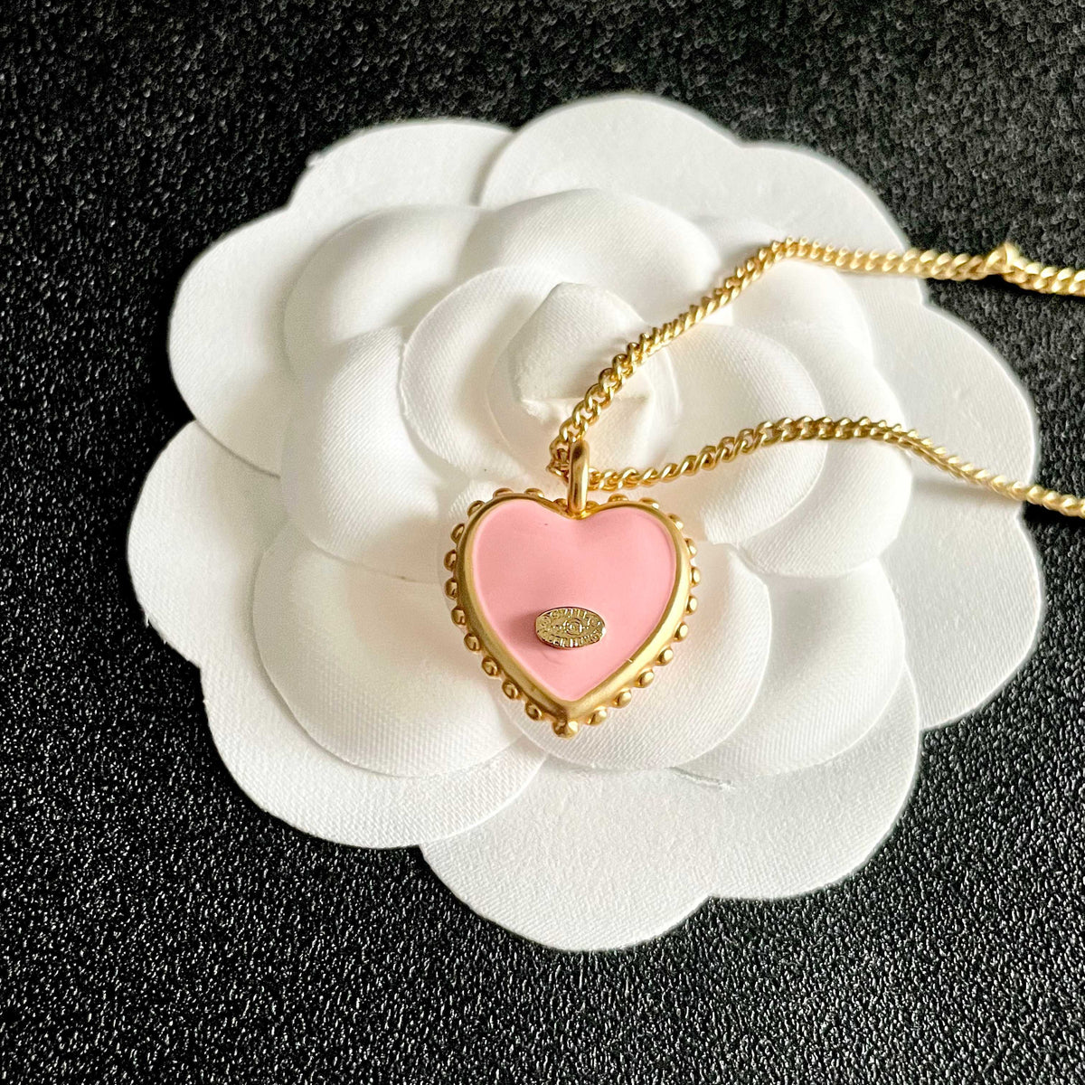 Double-C Emblem Pendant Necklace in Polished Metal-Tone – Heart Detail – Design 004 front product view