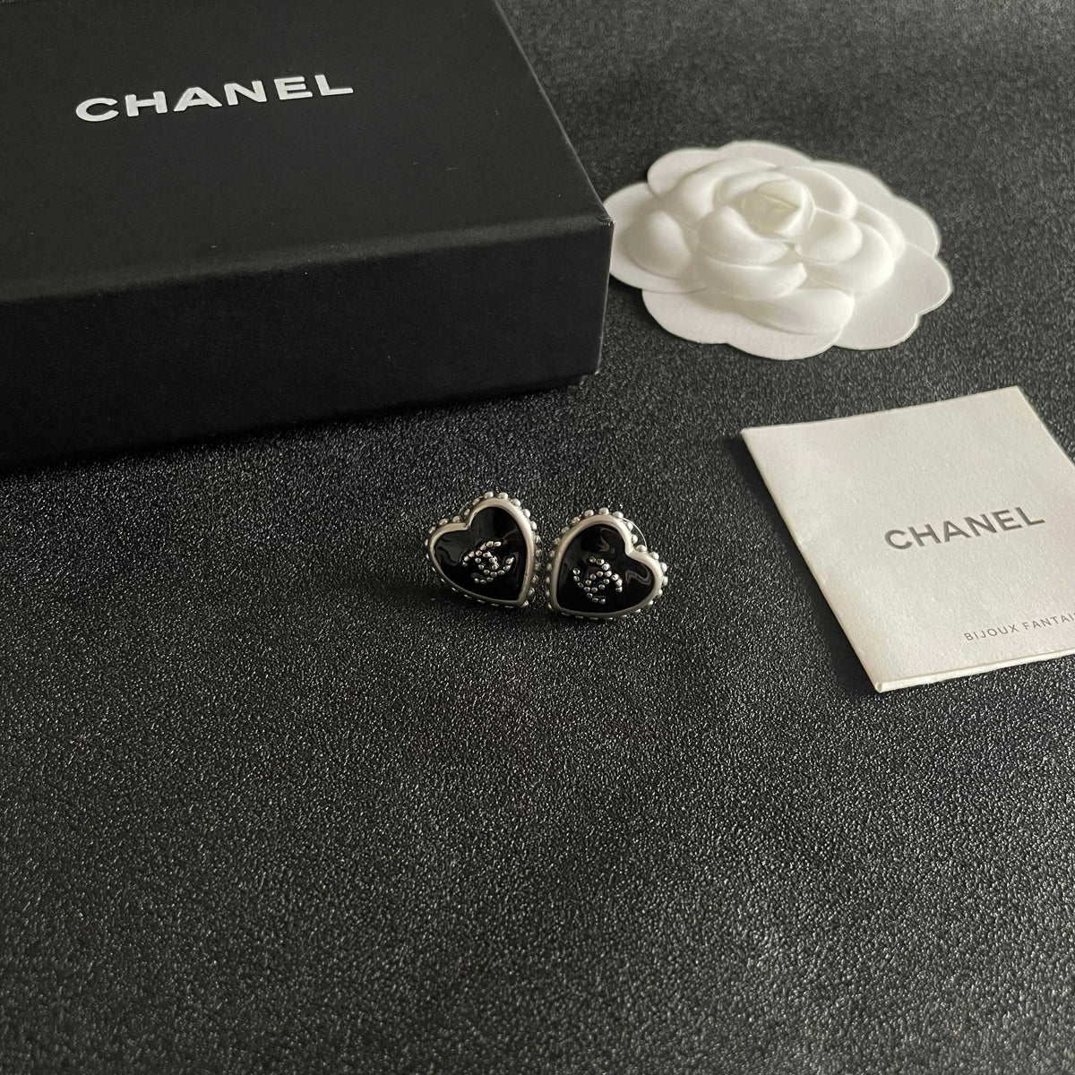 Double-C Emblem Stud Earrings in Polished Metal-Tone – Heart Detail – Design 012 styled product view