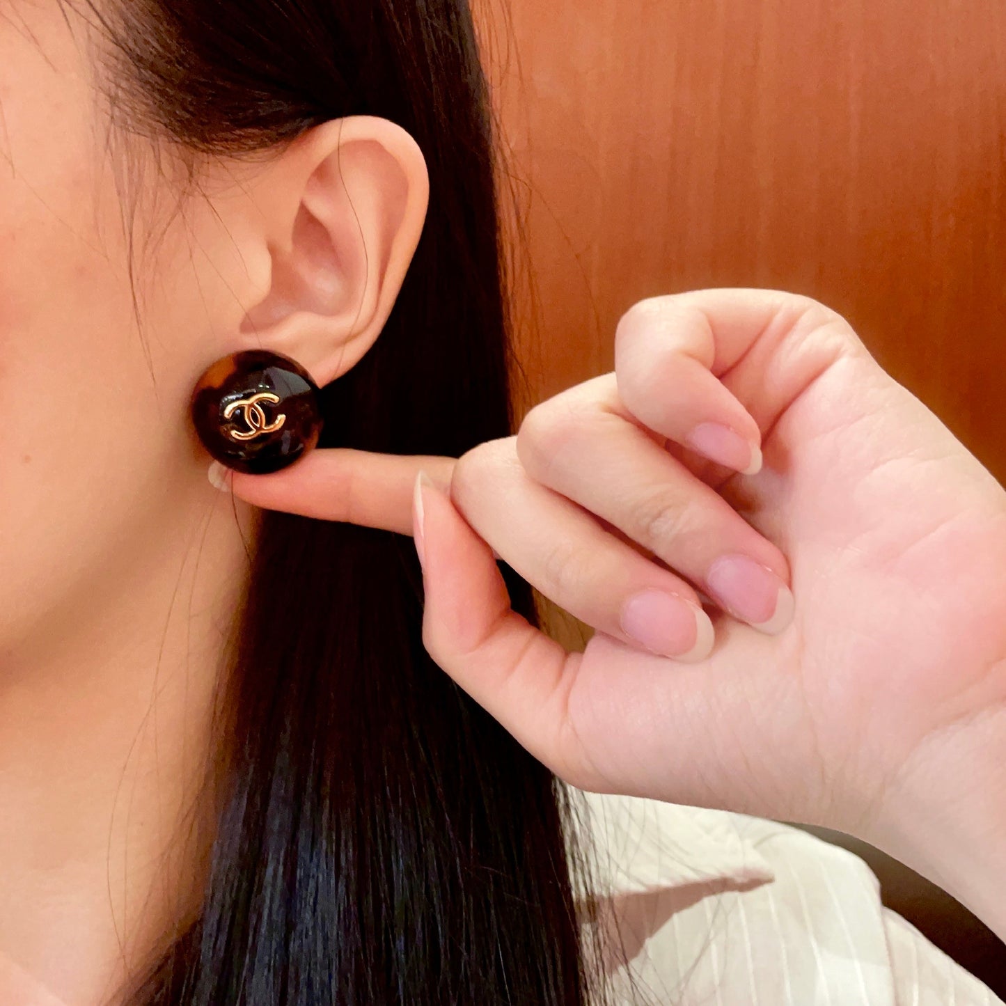 Double-C Emblem Stud Earrings in Polished Metal-Tone – Design 309 front product view