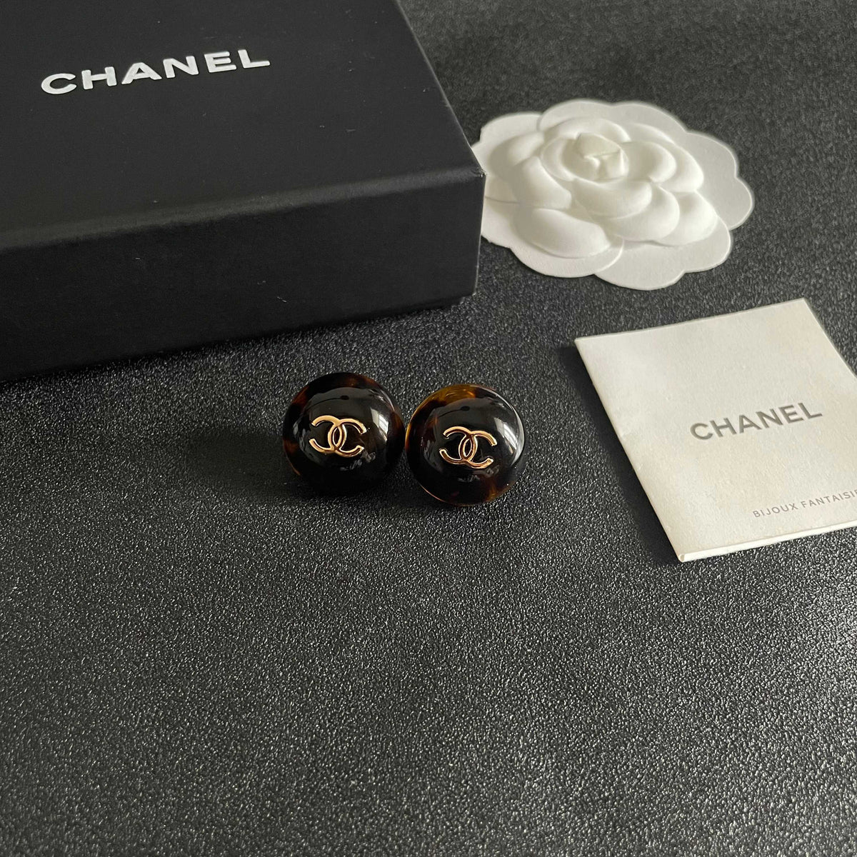 Double-C Emblem Stud Earrings in Polished Metal-Tone – Design 309 styled product view