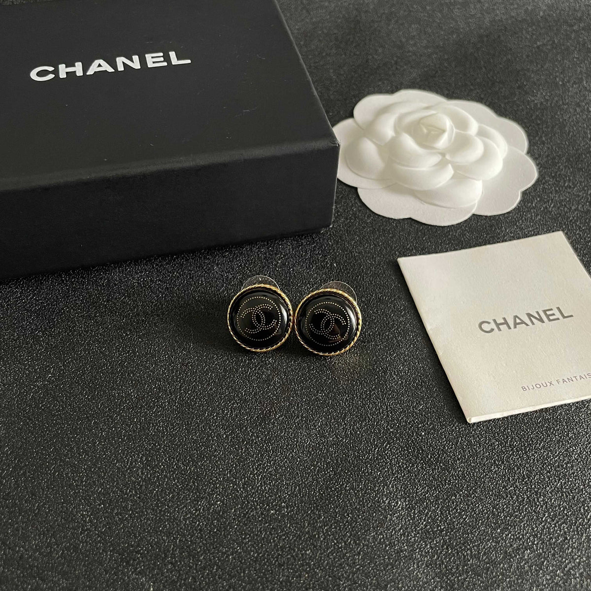 Double-C Emblem Stud Earrings in Polished Metal-Tone – Design 330 styled product view