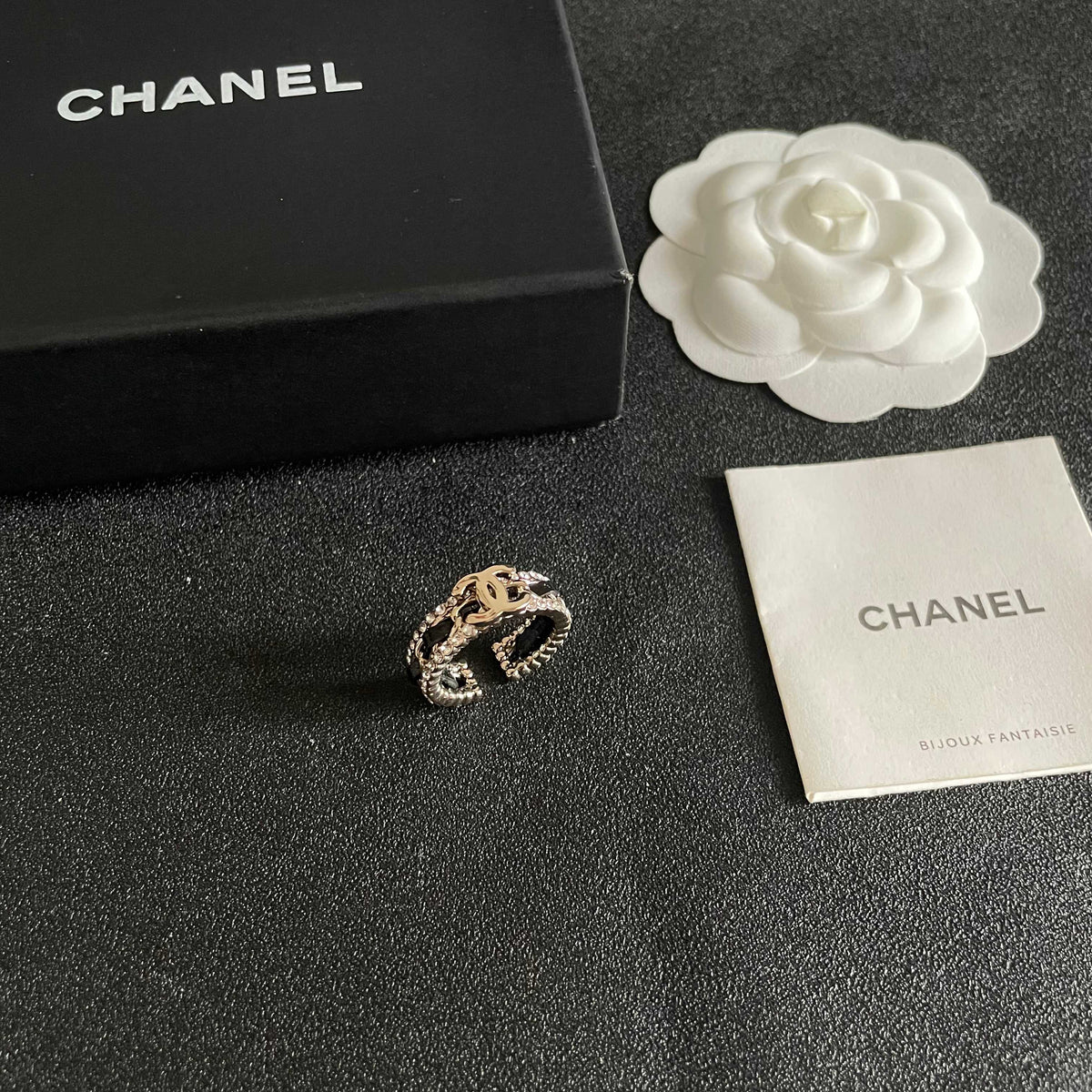 Double-C Emblem Statement Ring in Polished Metal-Tone – White Detail – Design 003 styled product view