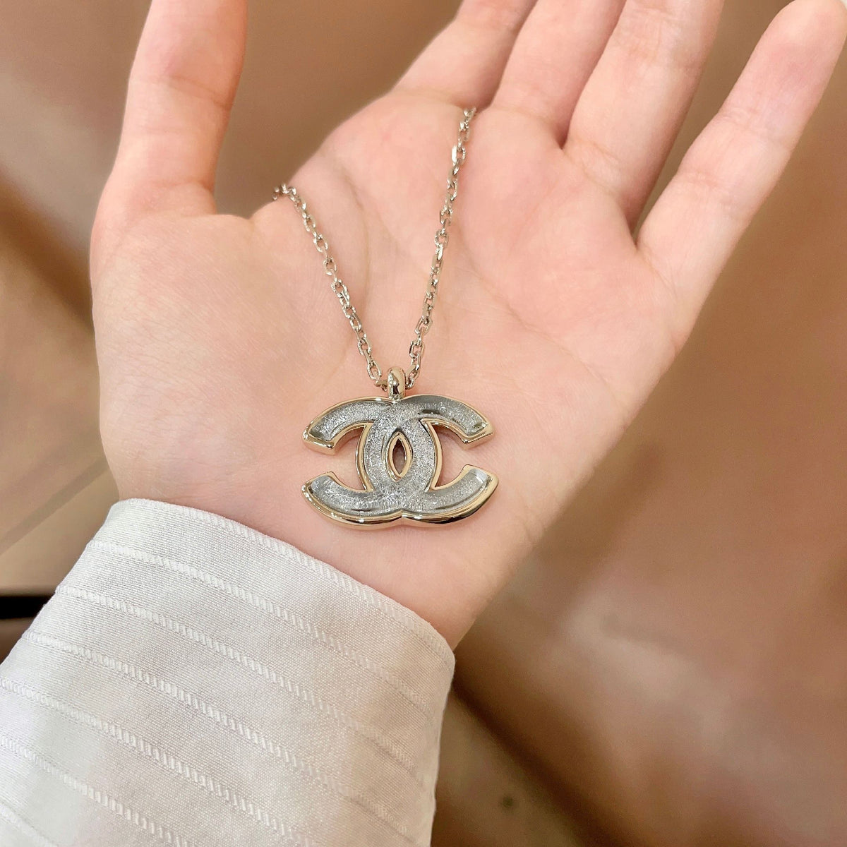 Signature Emblem Pendant Necklace in Polished Metal-Tone – Design 076 side detail