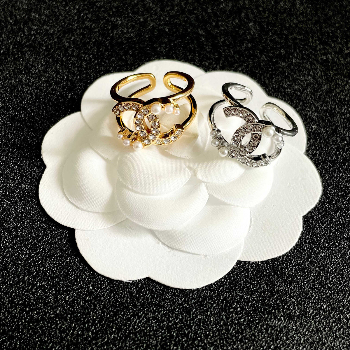 Double-C Emblem Statement Ring in Polished Metal-Tone – White Detail – Design 002 side detail