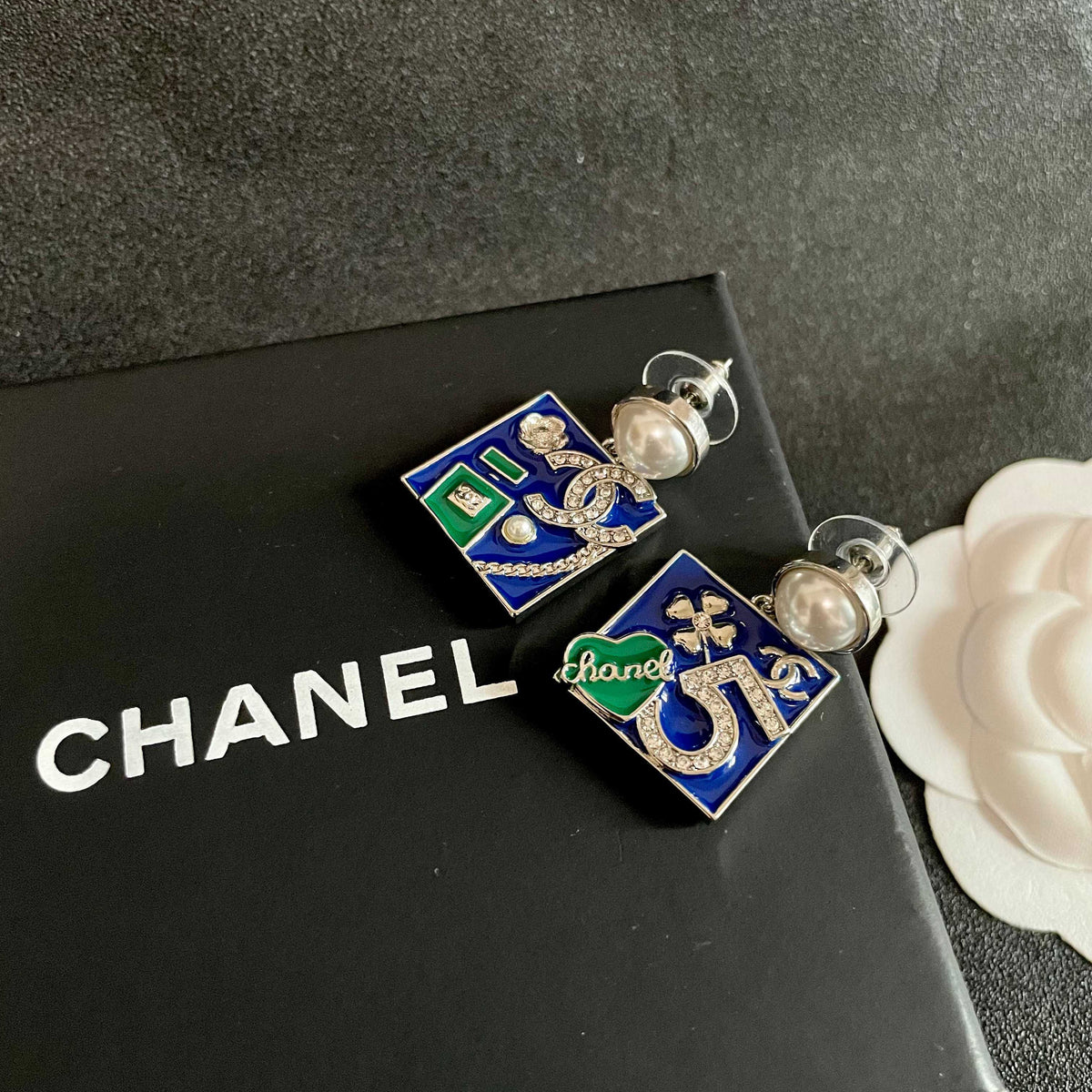 Double-C Emblem Statement Earrings in Polished Metal-Tone – Design 054 detail view