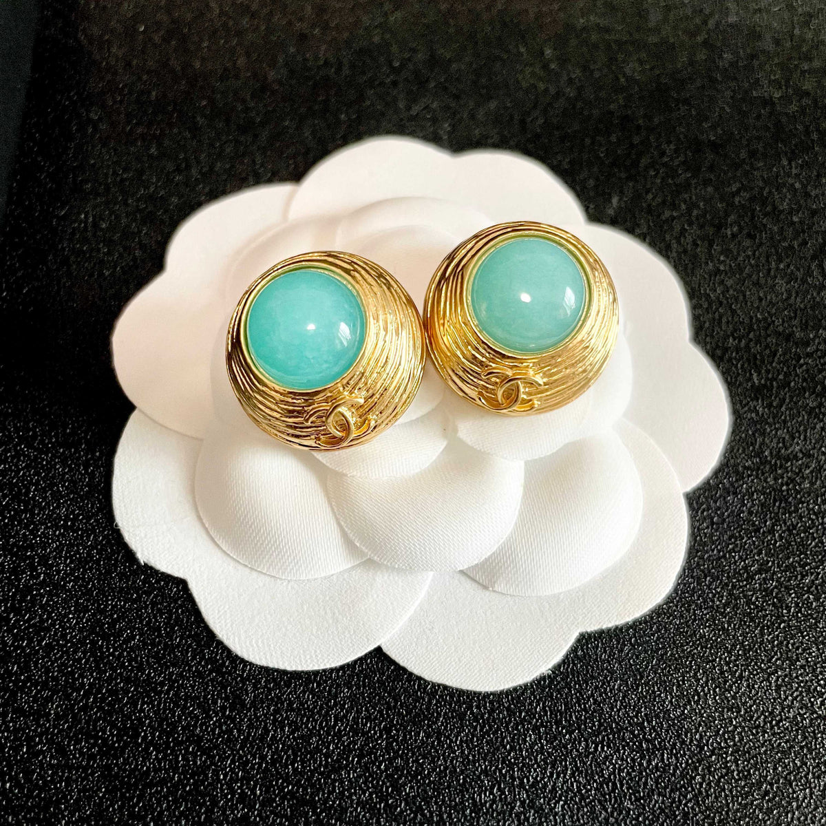 Double-C Emblem Stud Earrings in Polished Metal-Tone – Design 341 front product view