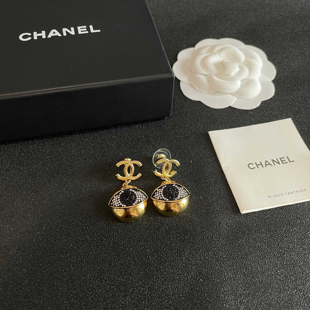 Double-C Emblem Statement Earrings in Polished Metal-Tone – Design 058 close-up detail