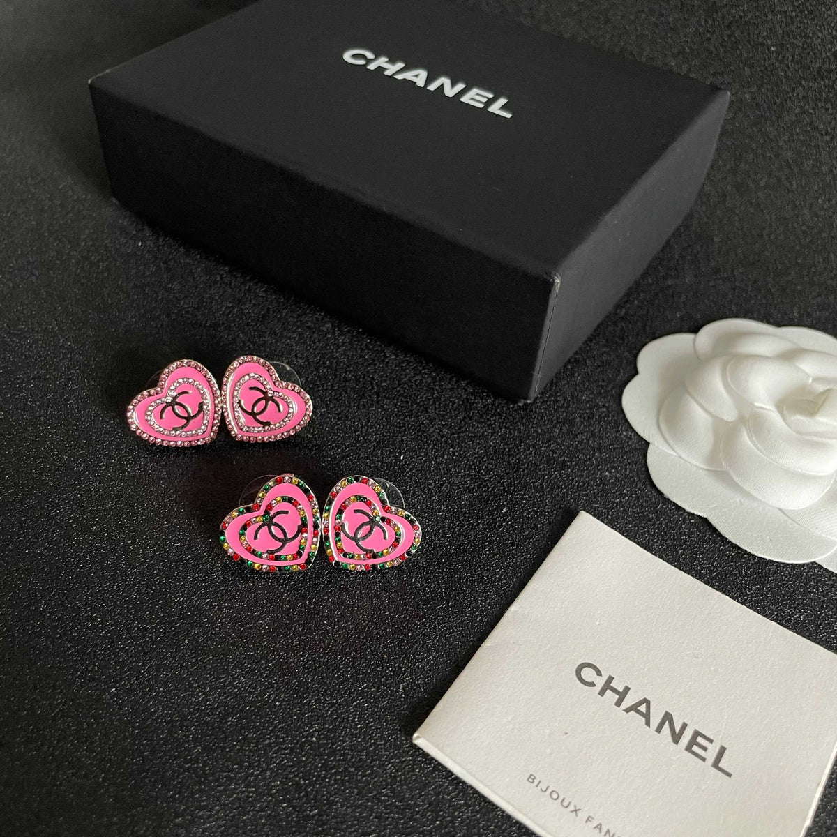 Double-C Emblem Crystal-Accent Stud Earrings – Heart Detail – Design 006 close-up detail