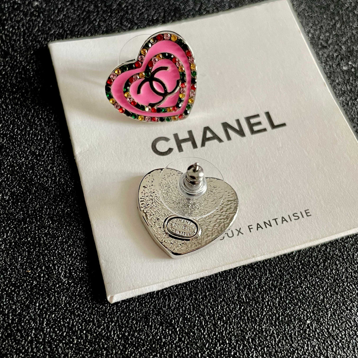 Double-C Emblem Crystal-Accent Stud Earrings – Heart Detail – Design 006 main product view