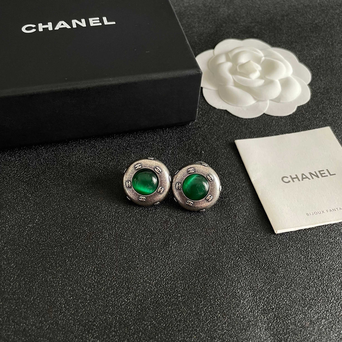 Double-C Emblem Stud Earrings in Polished Metal-Tone – Design 171 styled product view