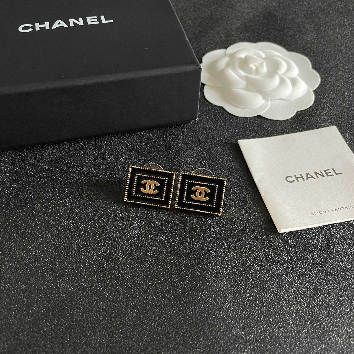 Double-C Emblem Stud Earrings in Polished Metal-Tone – Design 168 styled product view