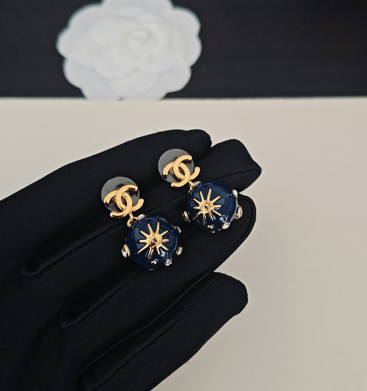 Signature Emblem Statement Earrings in Gold-Tone – Blue Detail – Design 005 detail view