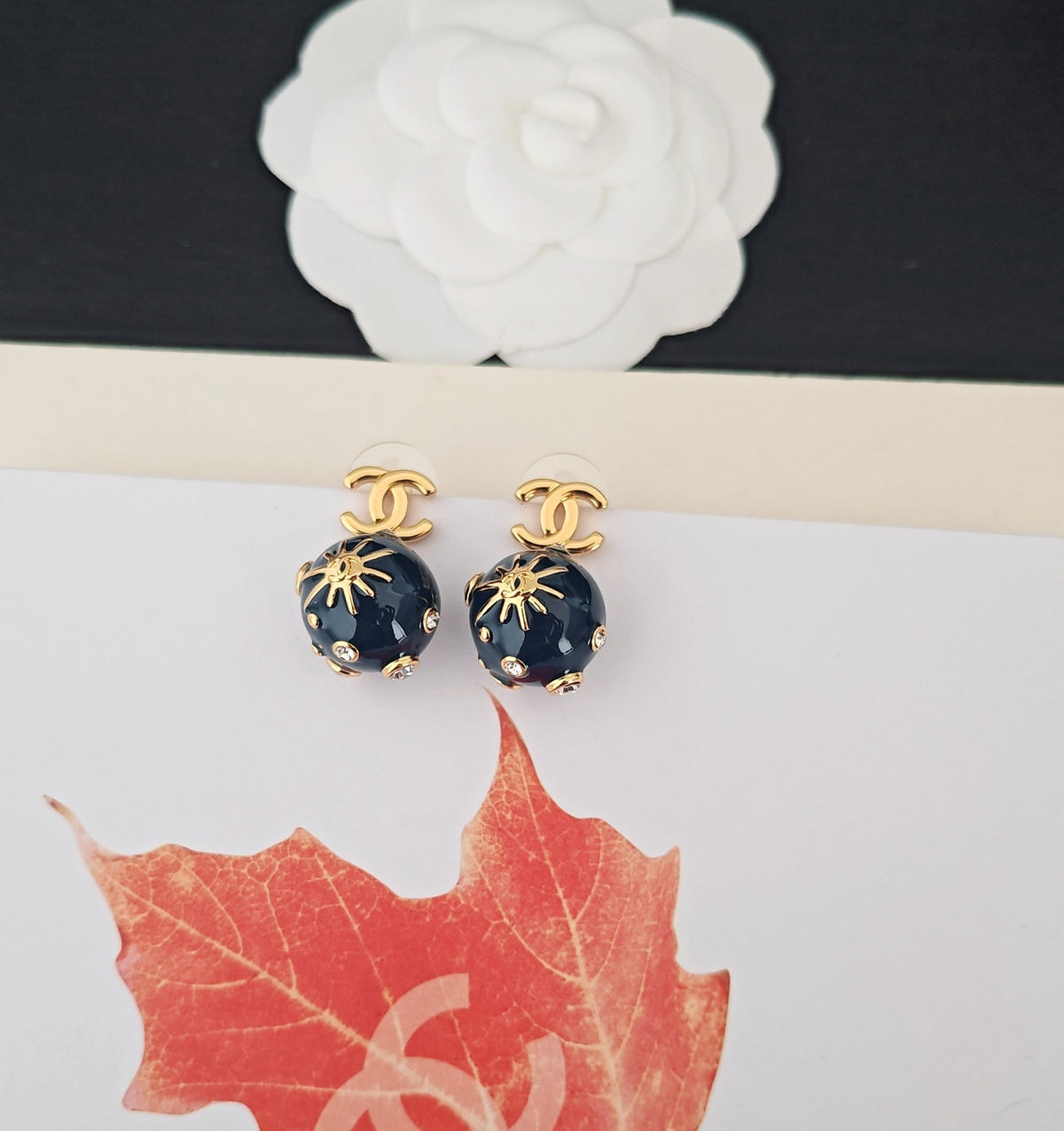 Signature Emblem Statement Earrings in Gold-Tone – Blue Detail – Design 005 close-up detail