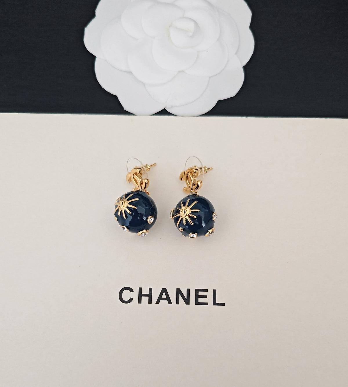 Signature Emblem Statement Earrings in Gold-Tone – Blue Detail – Design 005 side detail