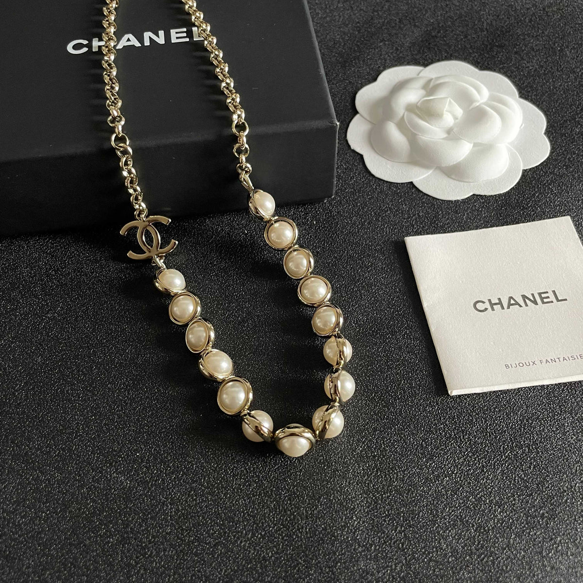 Double-C Emblem Pearl-Detail Pendant Necklace – Pearl Detail – Design 039 styled product view