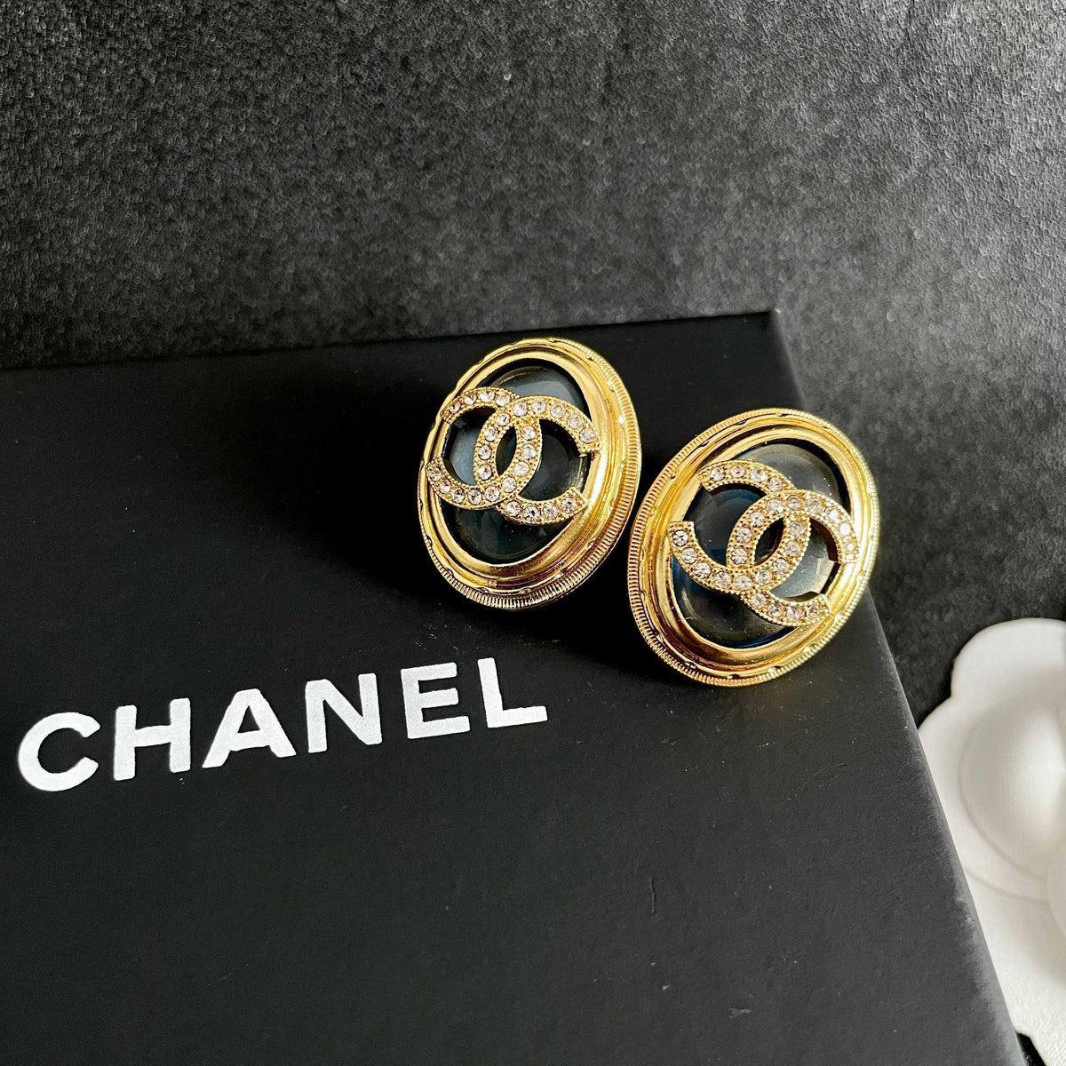 Double-C Emblem Crystal-Accent Stud Earrings – Design 020 detail view