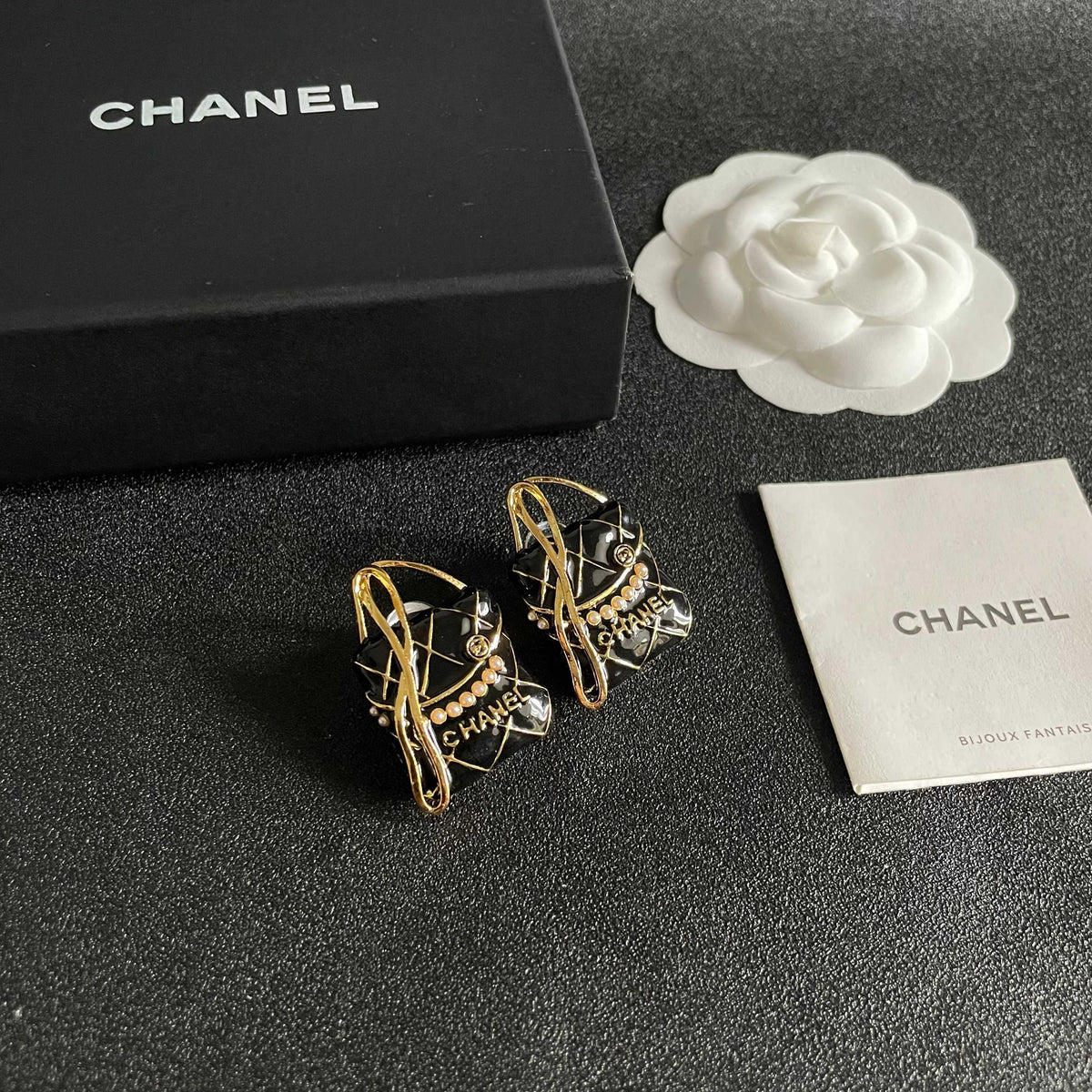 Double-C Emblem Stud Earrings in Polished Metal-Tone – Design 372 styled product view