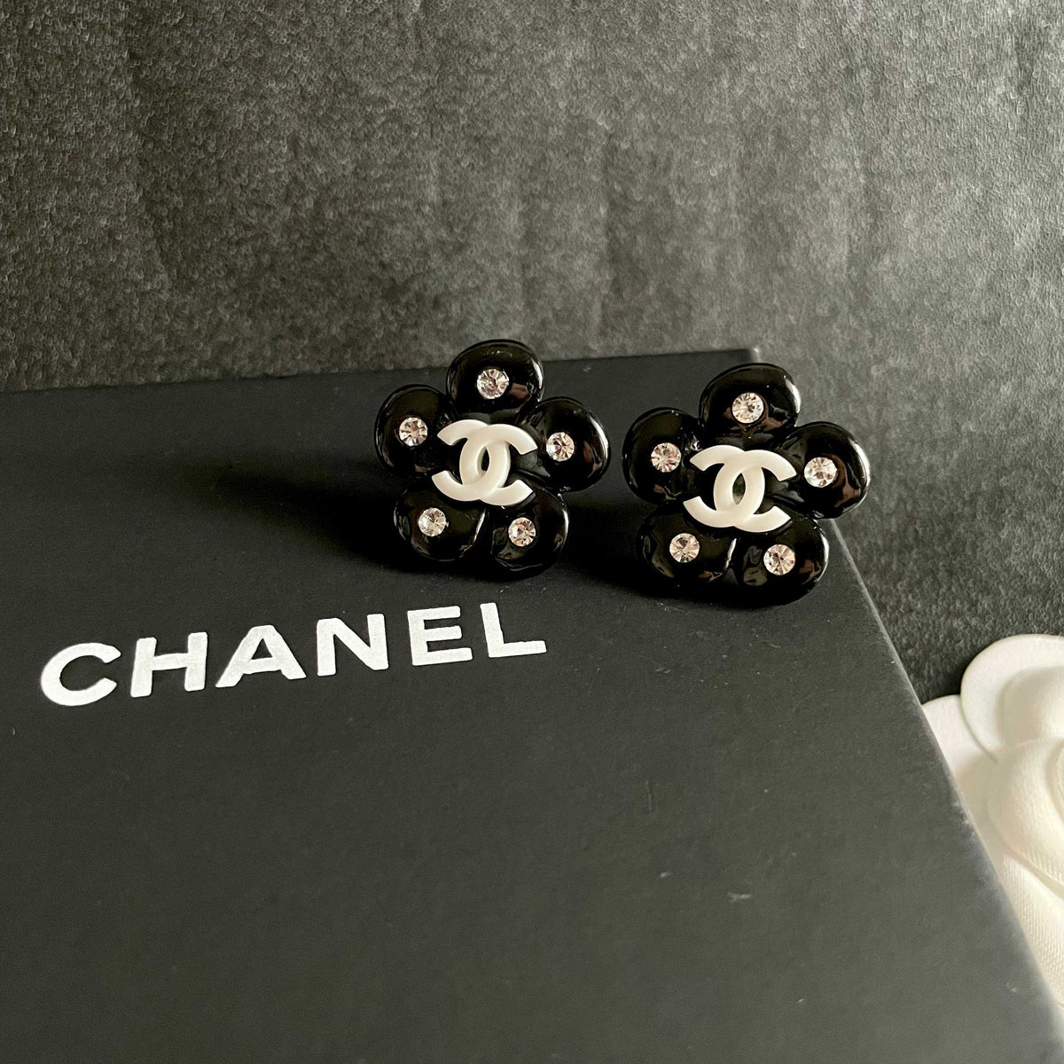 Camellia Stud Earrings in Polished Metal-Tone – Camellia Detail – Design 047 detail view