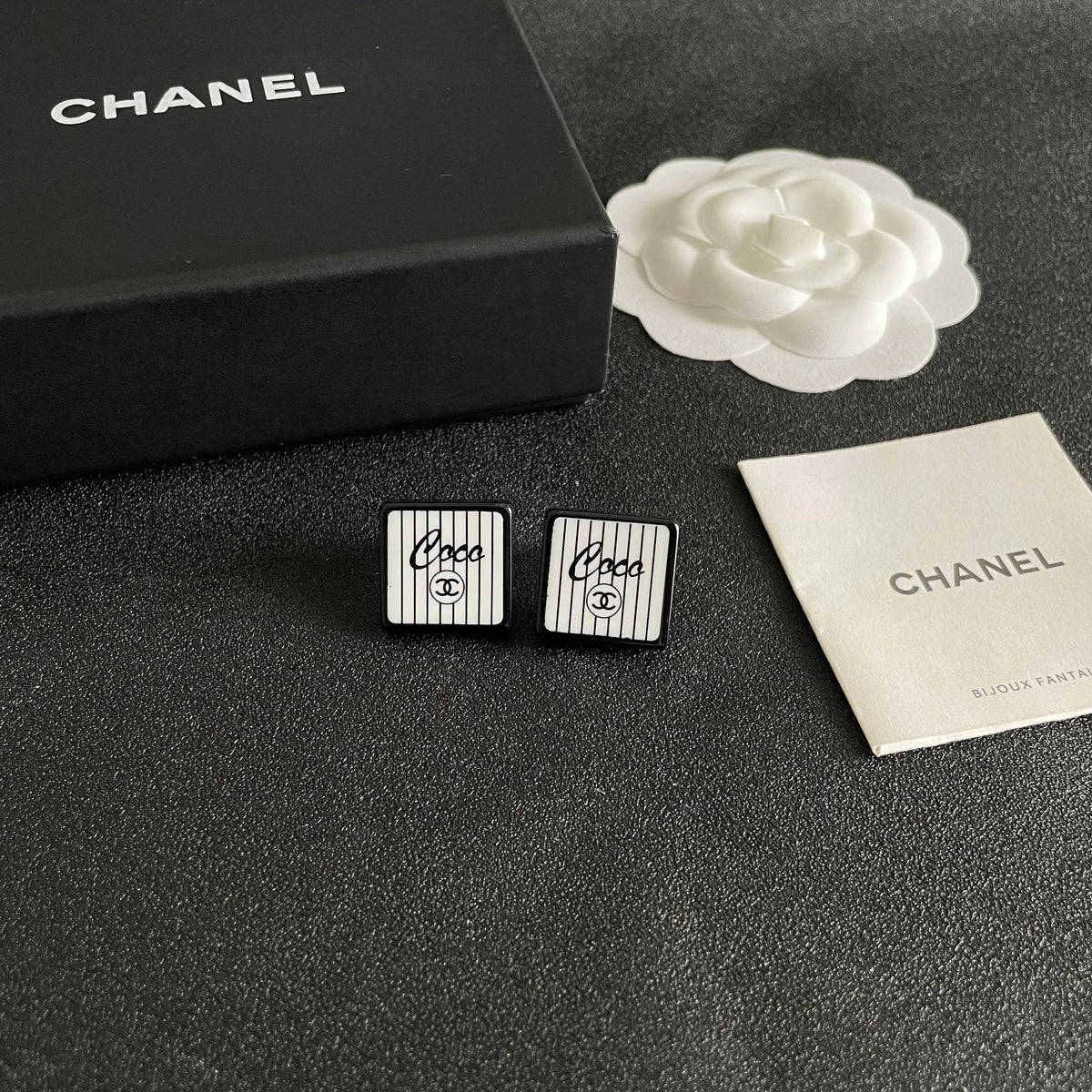 Double-C Emblem Stud Earrings in Polished Metal-Tone – Design 177 styled product view
