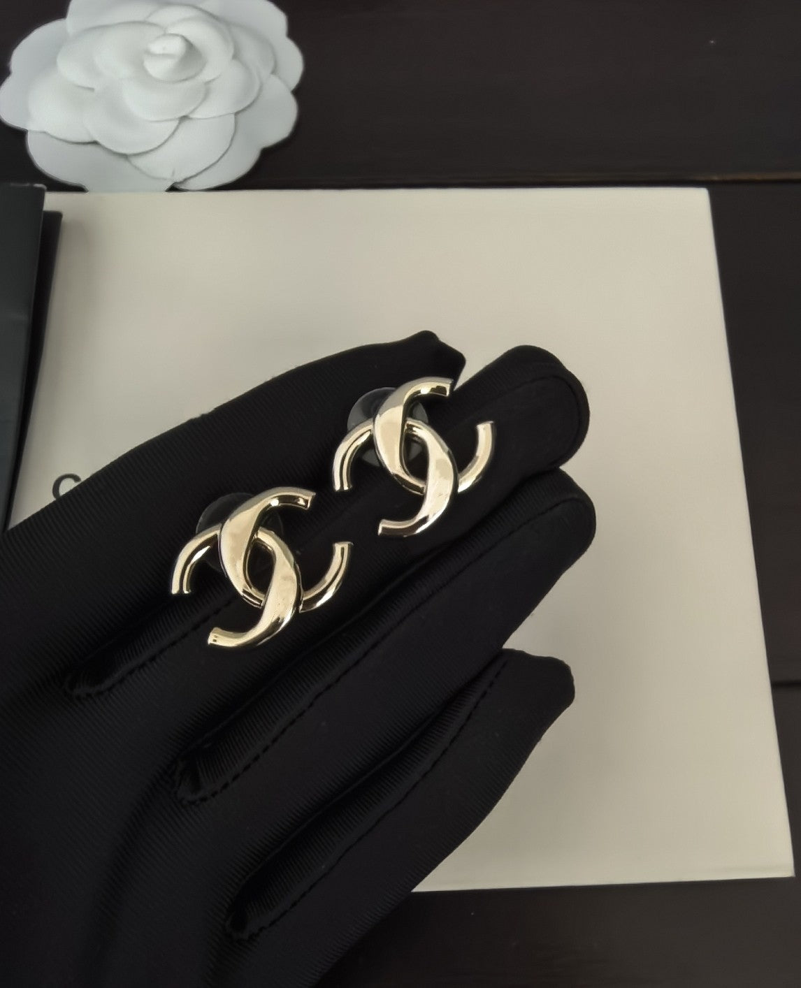Signature Emblem Stud Earrings in Gold-Tone – Design 035 detail view