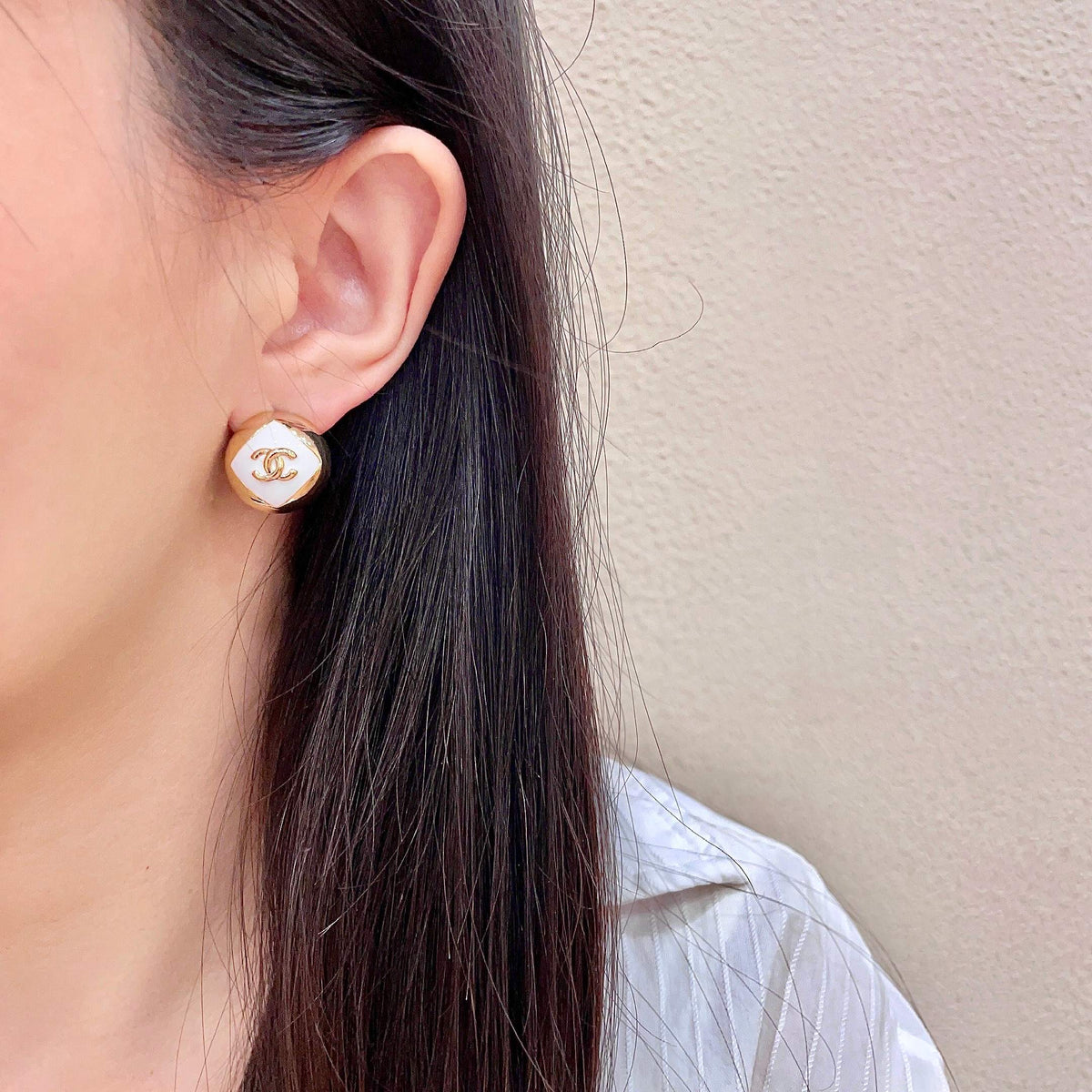 Signature Emblem Stud Earrings in Polished Metal-Tone – Design 096 detail view