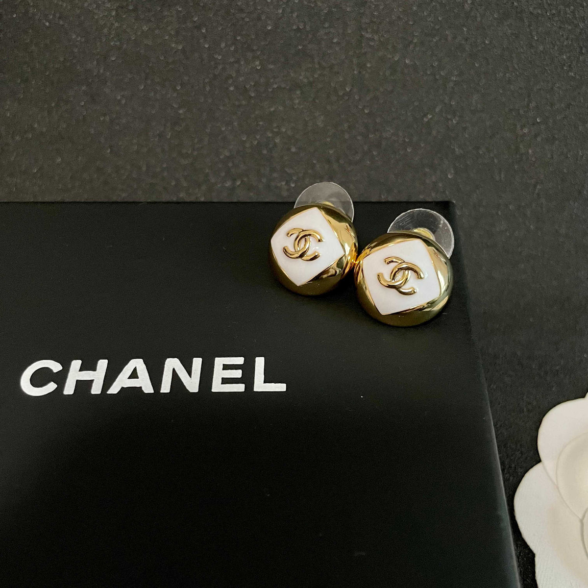 Signature Emblem Stud Earrings in Polished Metal-Tone – Design 096 detail view