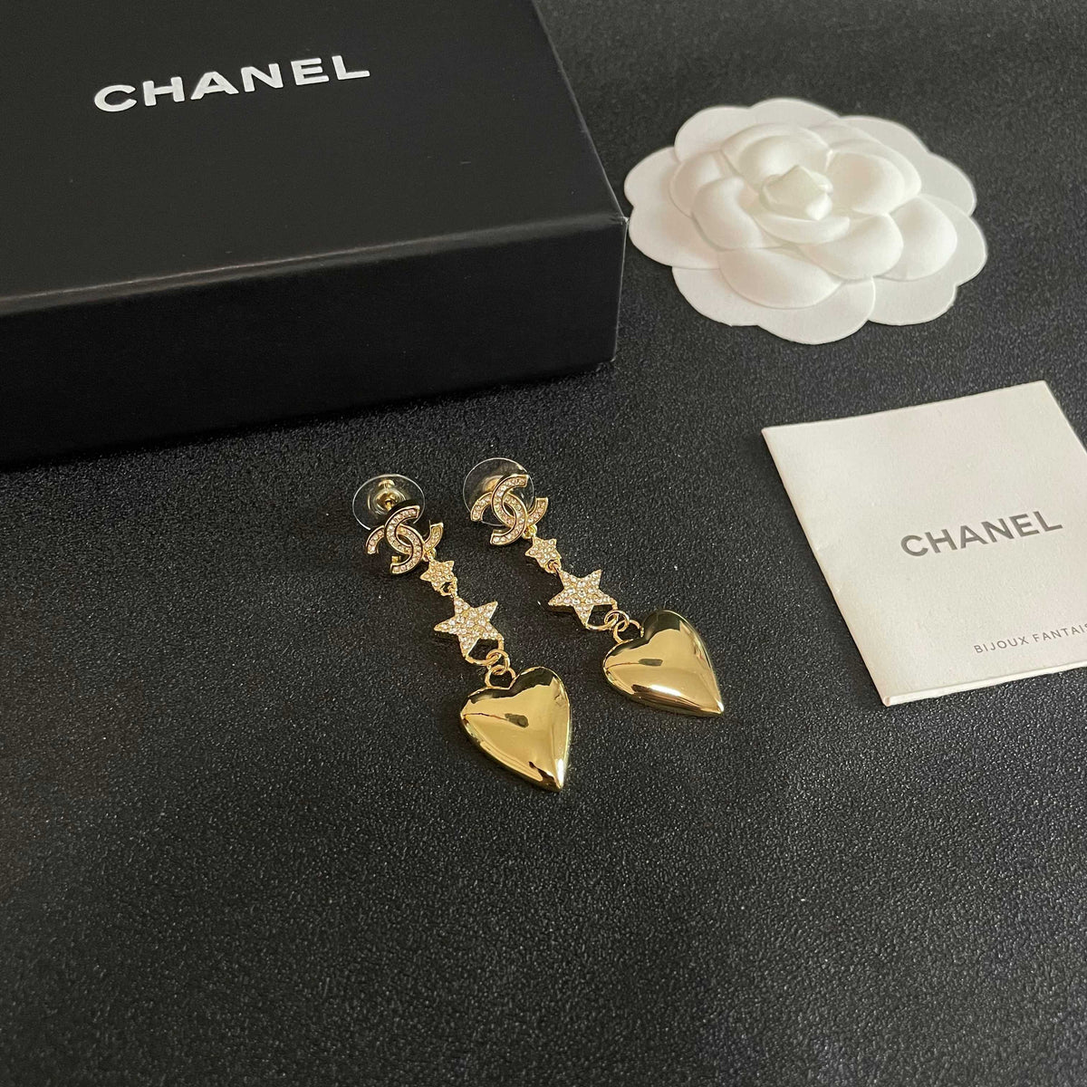 Double-C Emblem Statement Earrings in Polished Metal-Tone – Heart Detail – Design 006 styled product view