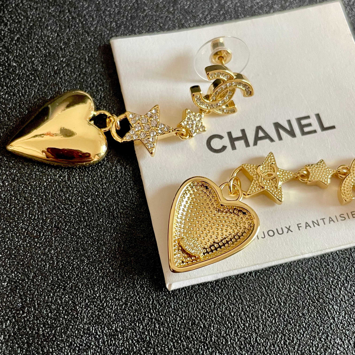 Double-C Emblem Statement Earrings in Polished Metal-Tone – Heart Detail – Design 006 main product view