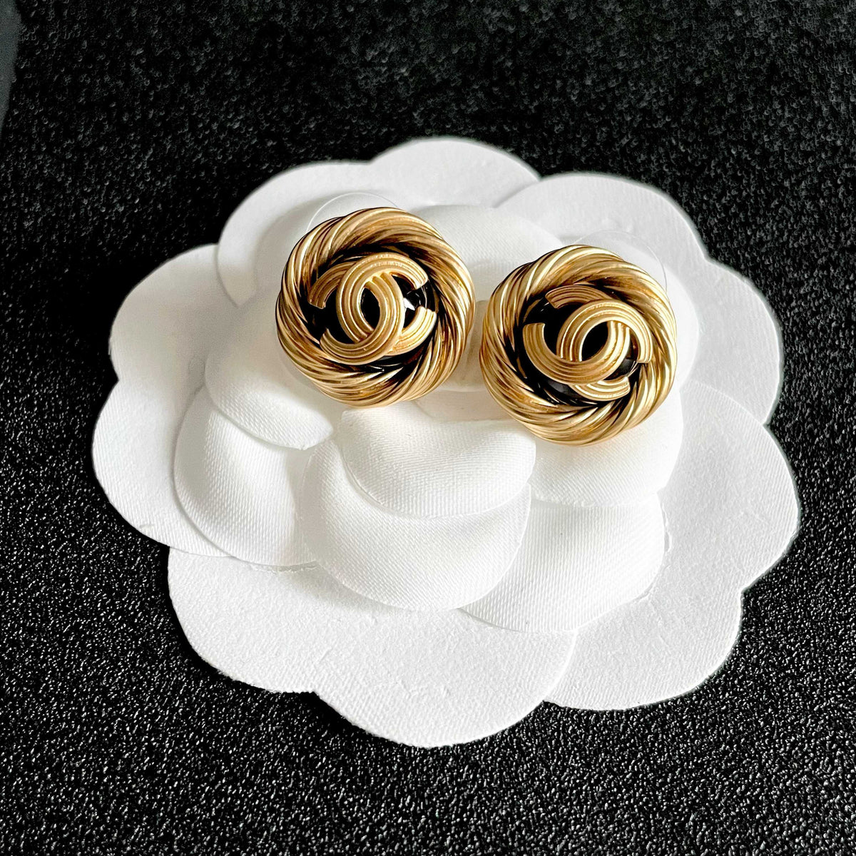Double-C Emblem Stud Earrings in Polished Metal-Tone – Design 303 front product view