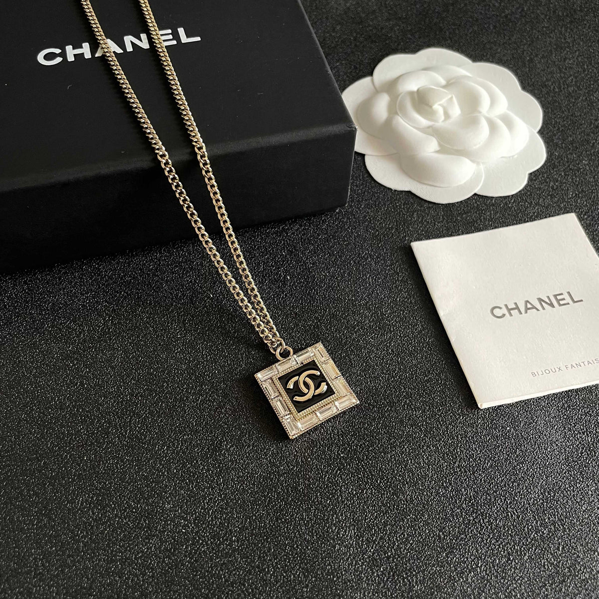 Double-C Emblem Pendant Necklace in Polished Metal-Tone – Design 047 styled product view