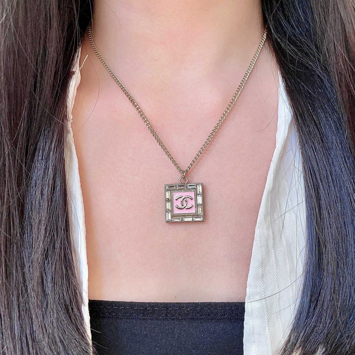 Double-C Emblem Pendant Necklace in Polished Metal-Tone – Design 078 detail view