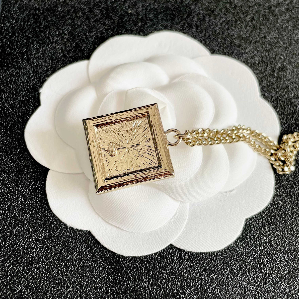 Double-C Emblem Pendant Necklace in Polished Metal-Tone – Design 046 front product view