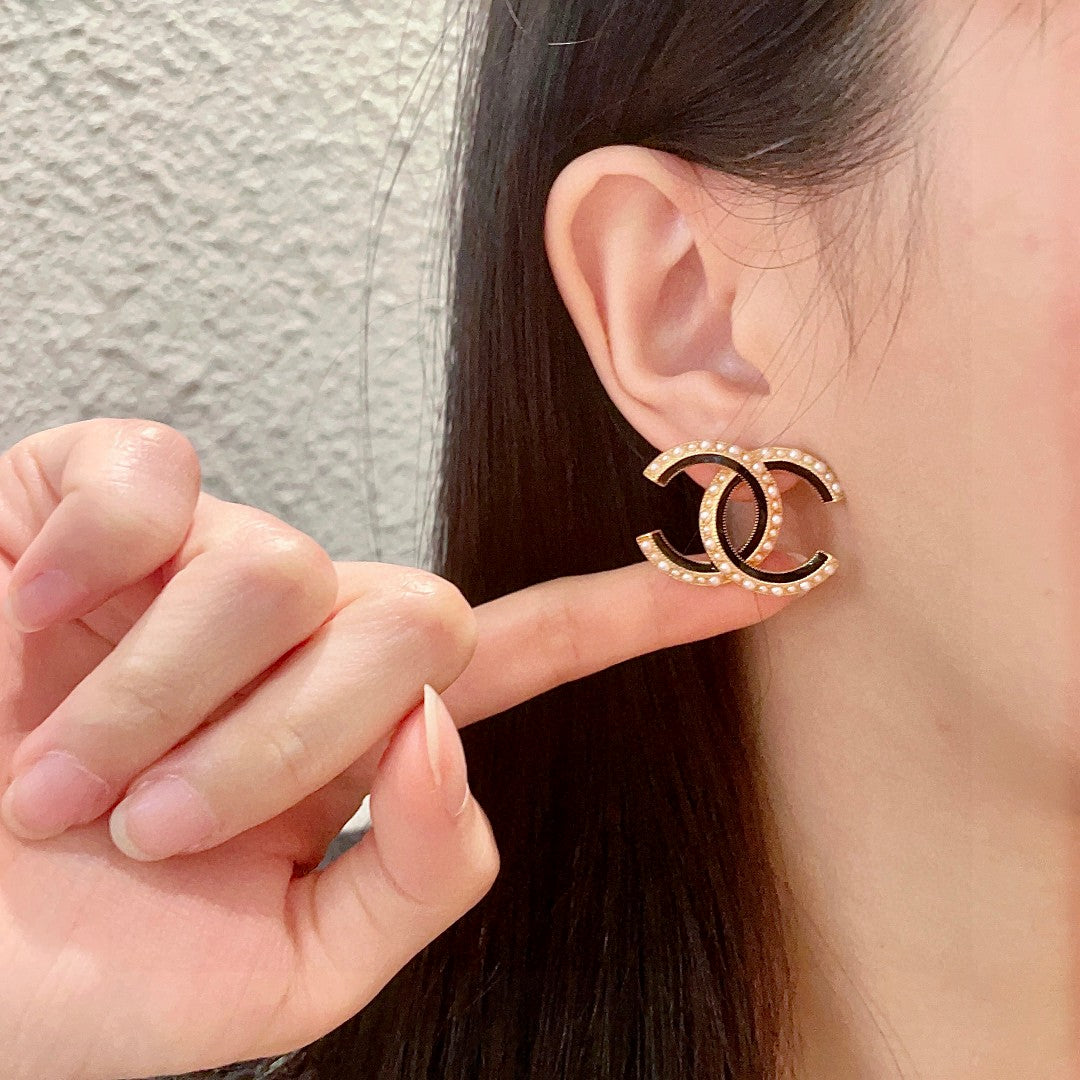 Double-C Emblem Pearl-Detail Stud Earrings – Pearl Detail – Design 029 front product view