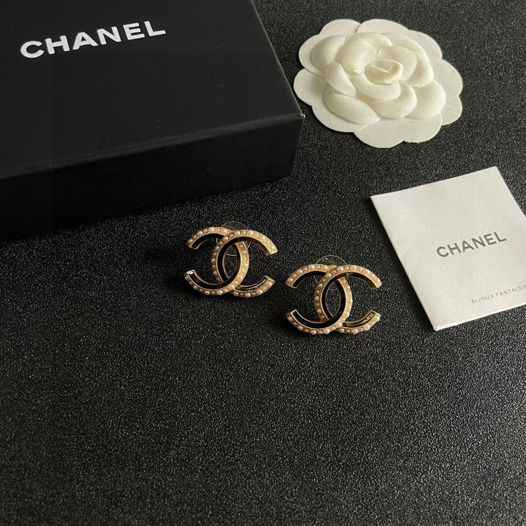 Double-C Emblem Pearl-Detail Stud Earrings – Pearl Detail – Design 029 styled product view