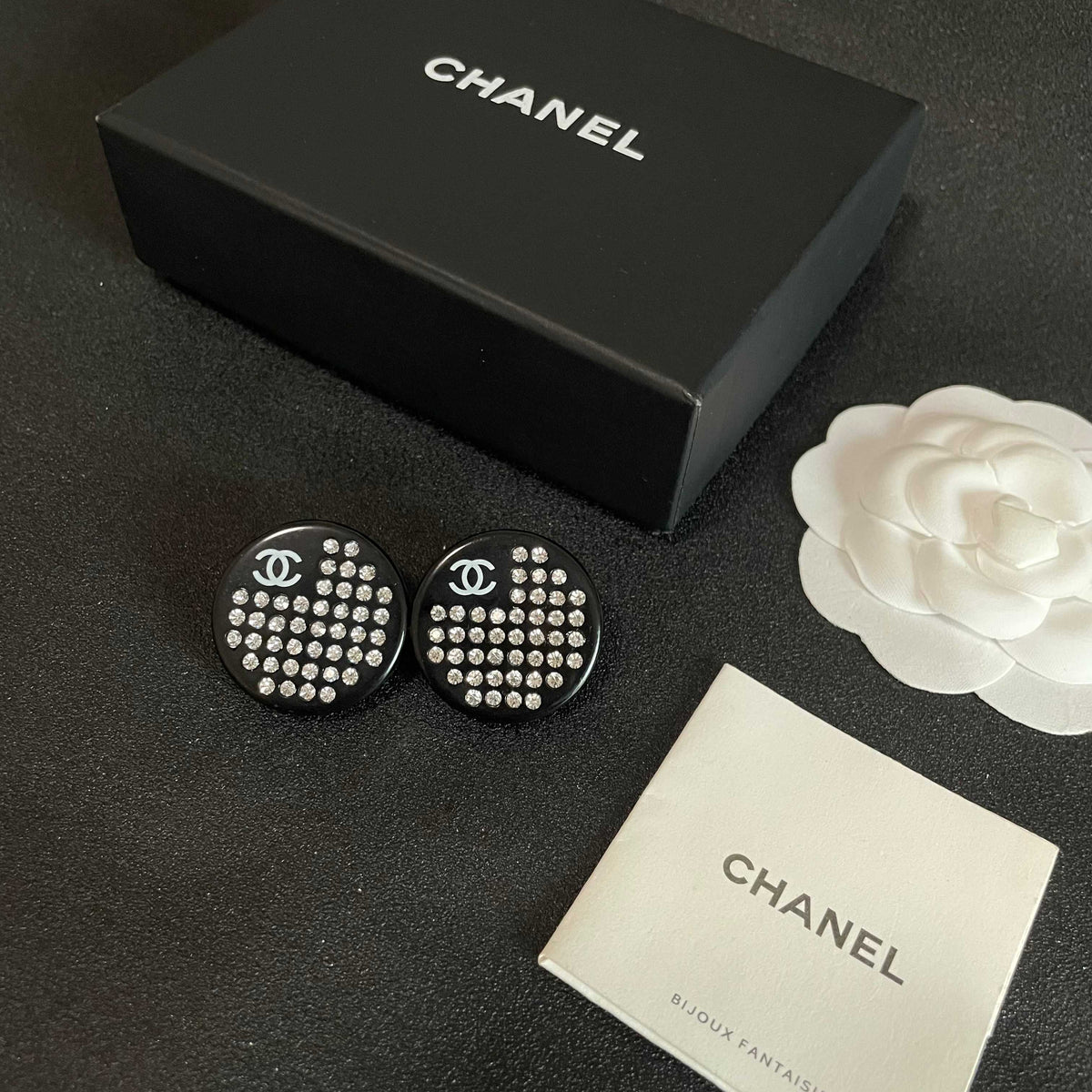 Double-C Emblem Crystal-Accent Stud Earrings – Design 062 close-up detail