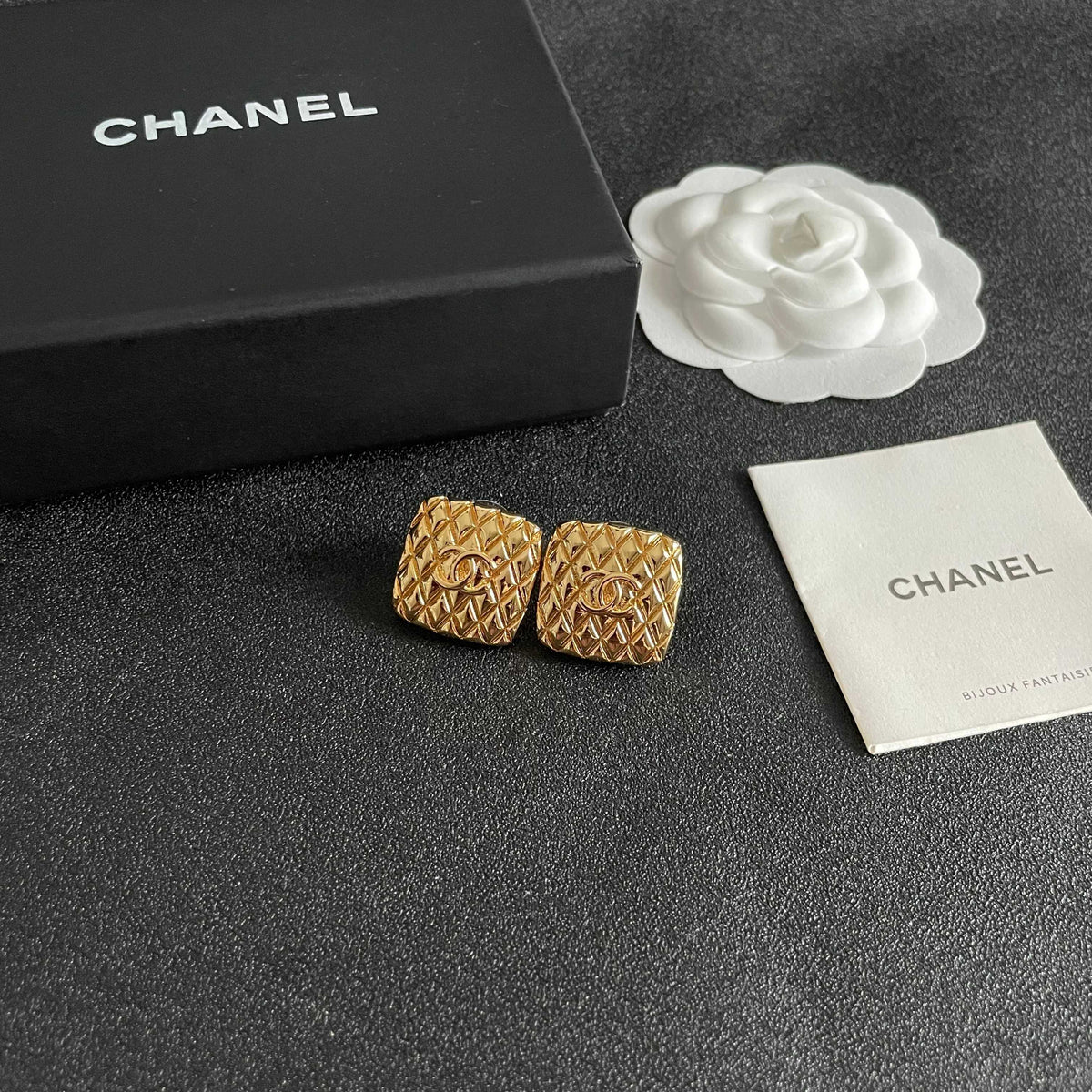 Double-C Emblem Stud Earrings in Polished Metal-Tone – Design 426 styled product view