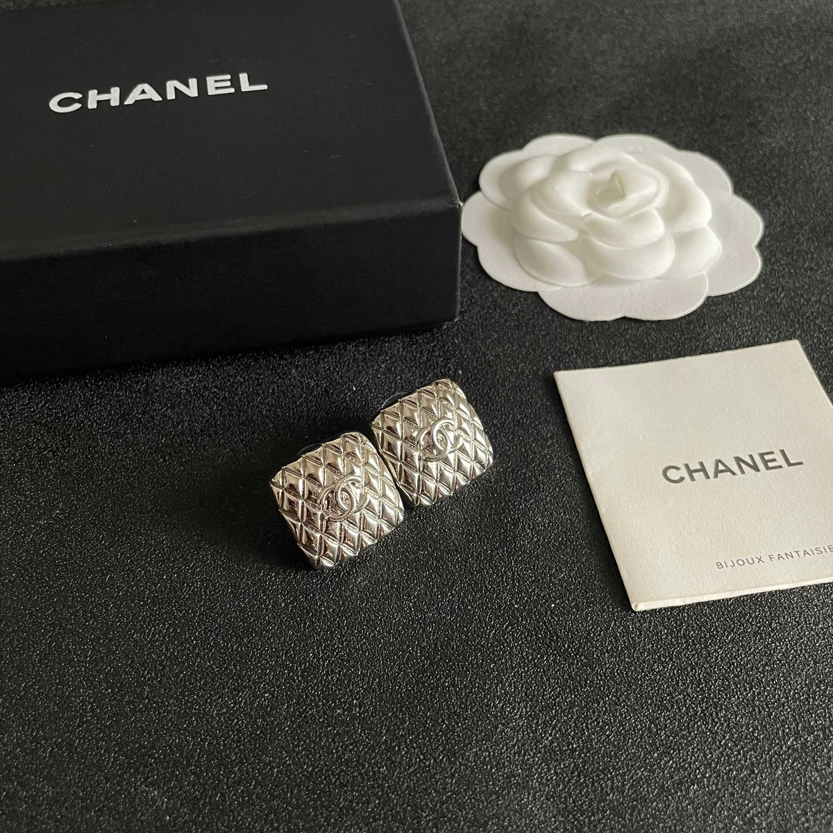 Double-C Emblem Stud Earrings in Polished Metal-Tone – Design 425 styled product view