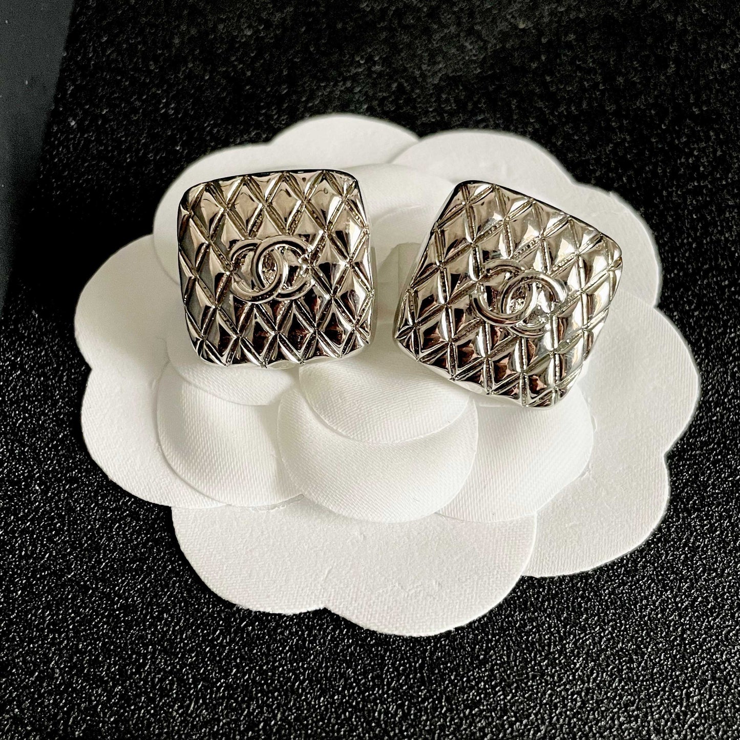 Double-C Emblem Stud Earrings in Polished Metal-Tone – Design 397 front product view