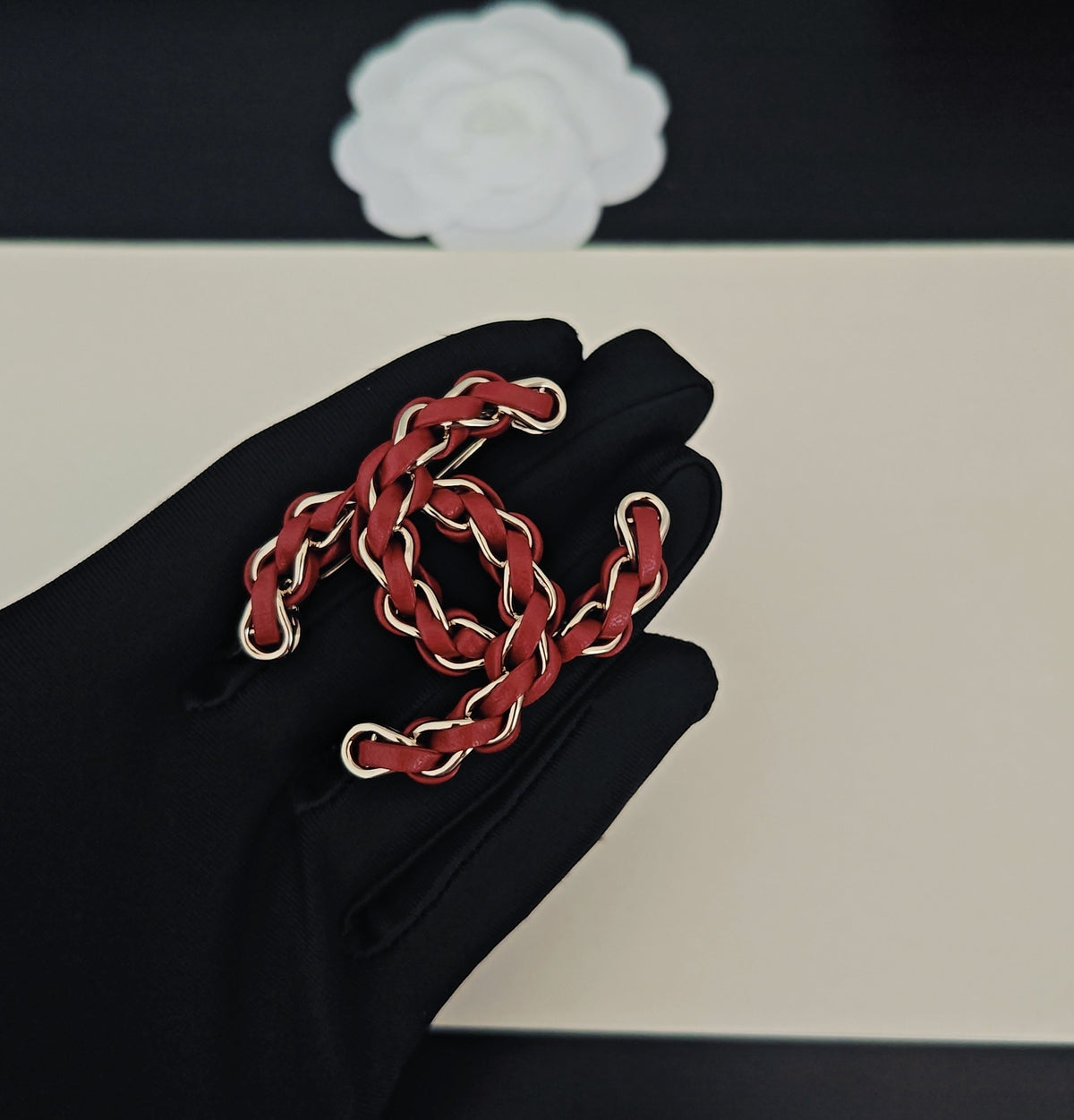 Signature Emblem Brooch in Gold-Tone – Red Detail – Design 002 main product view