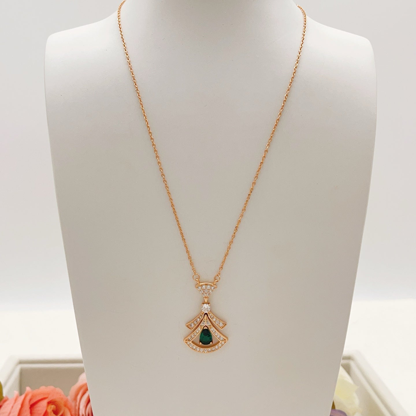 Geometric Emblem Pendant Necklace in Rose-Gold-Tone – Rose Gold Detail – Design 014 styled product view