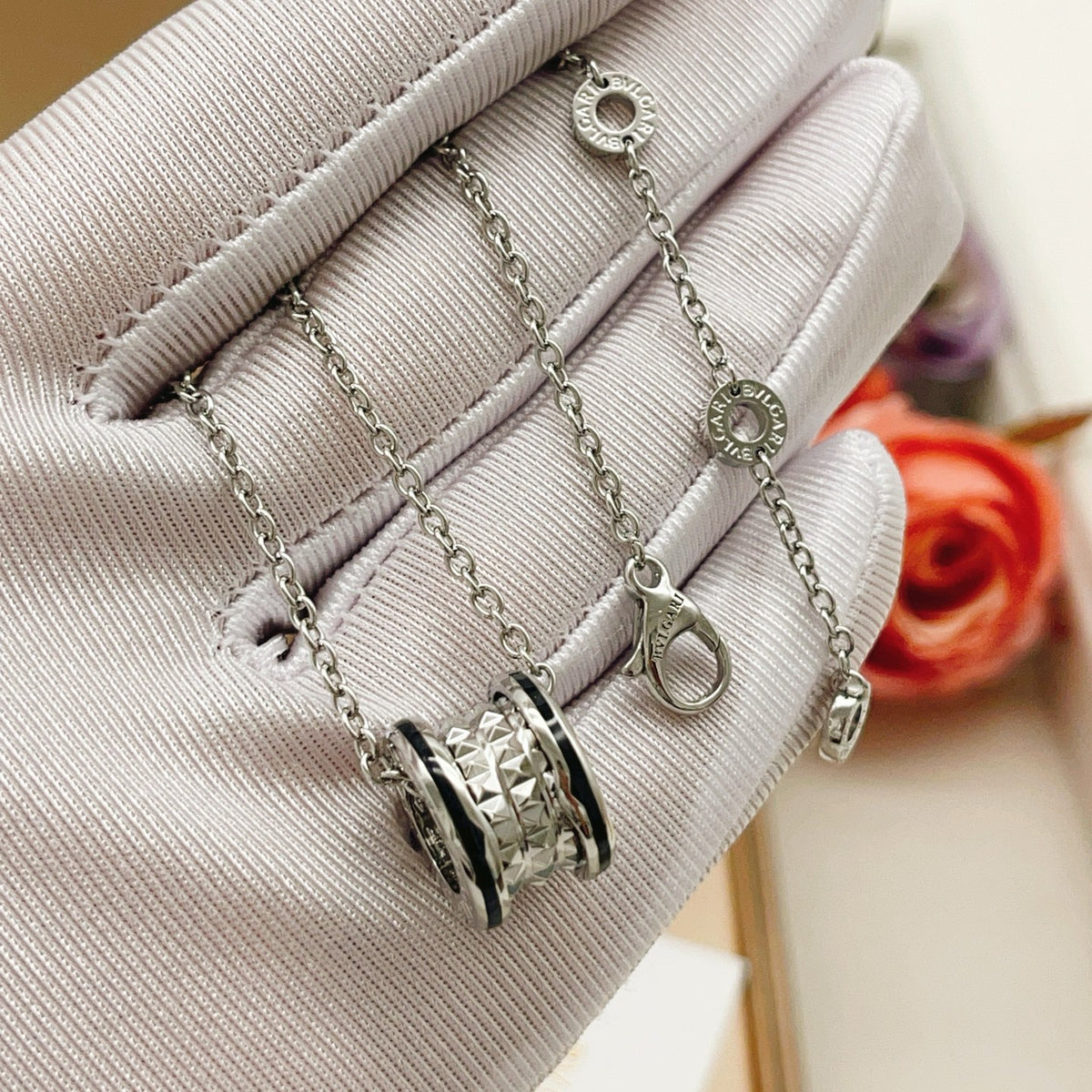Geometric Emblem Pendant Necklace in Silver-Tone – Design 004 side detail
