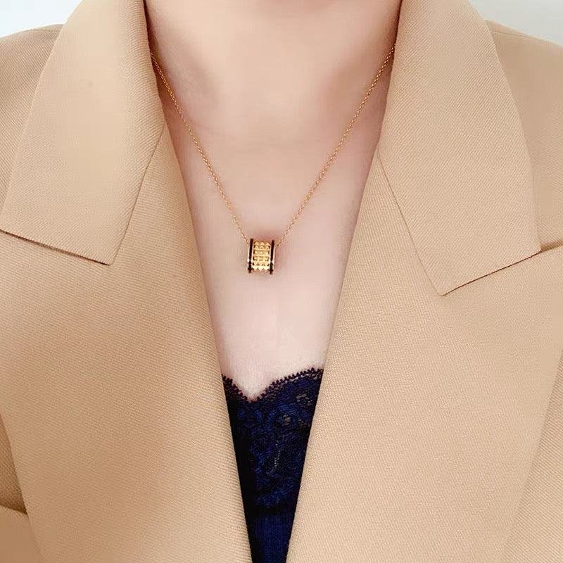 Geometric Emblem Pendant Necklace in Silver-Tone – Design 004 detail view