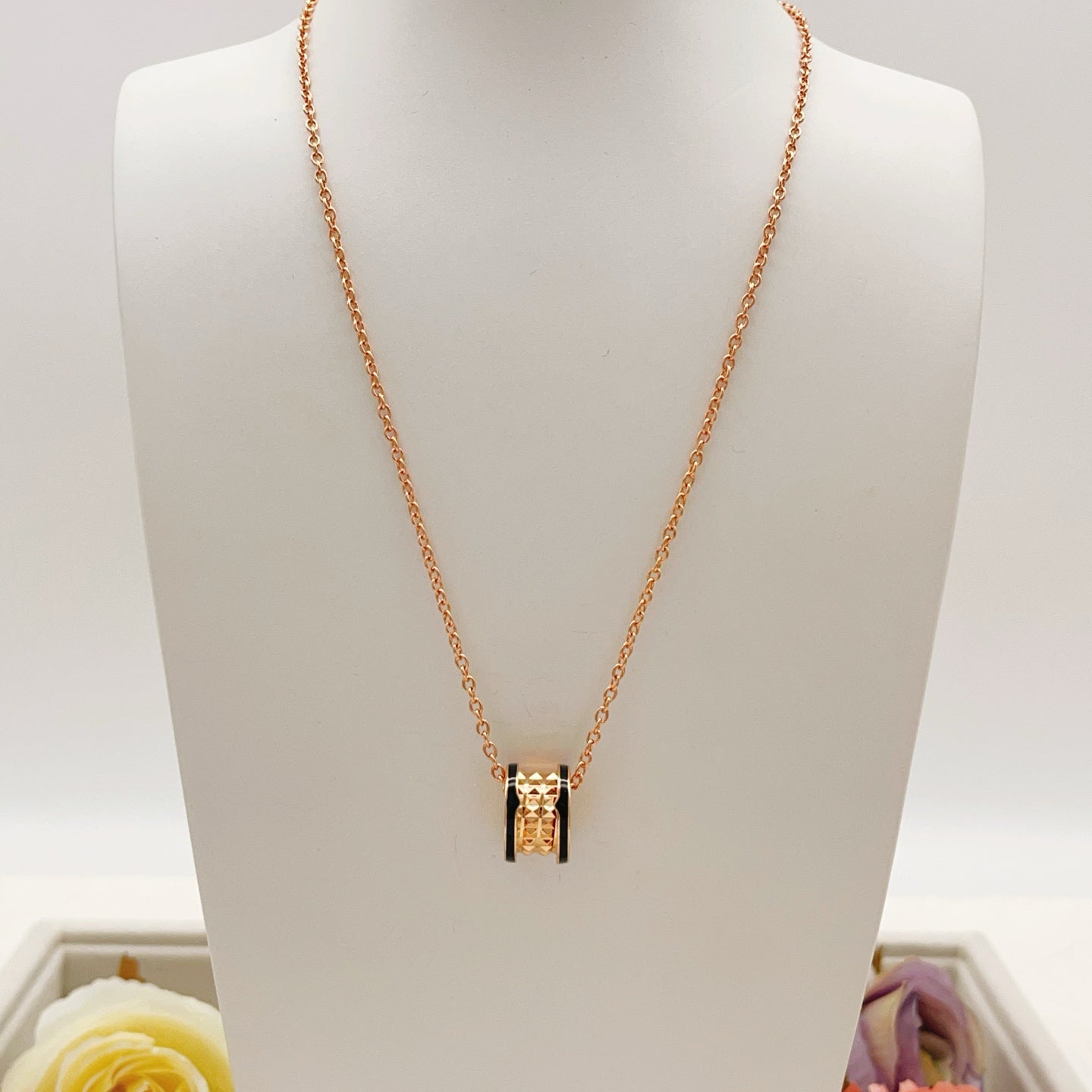 Geometric Emblem Pendant Necklace in Rose-Gold-Tone – Rose Gold Detail – Design 013 close-up detail