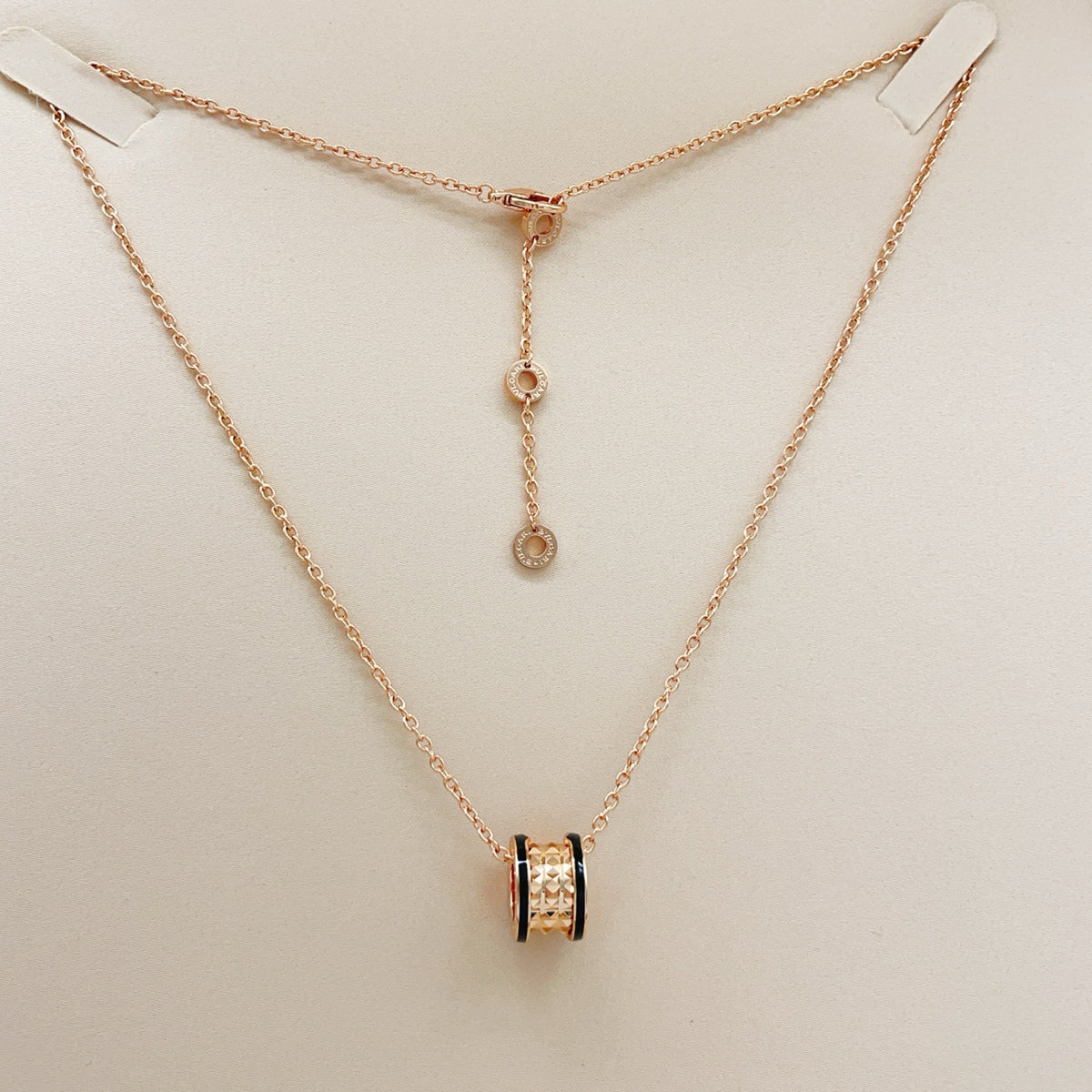 Geometric Emblem Pendant Necklace in Rose-Gold-Tone – Rose Gold Detail – Design 013 styled product view