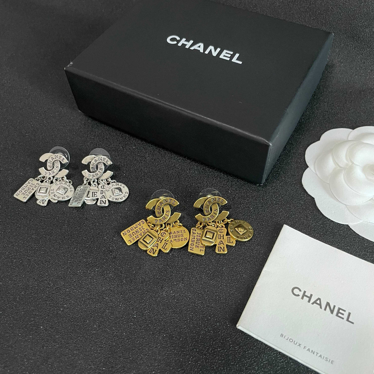 Double-C Emblem Stud Earrings in Polished Metal-Tone – Design 449 side detail