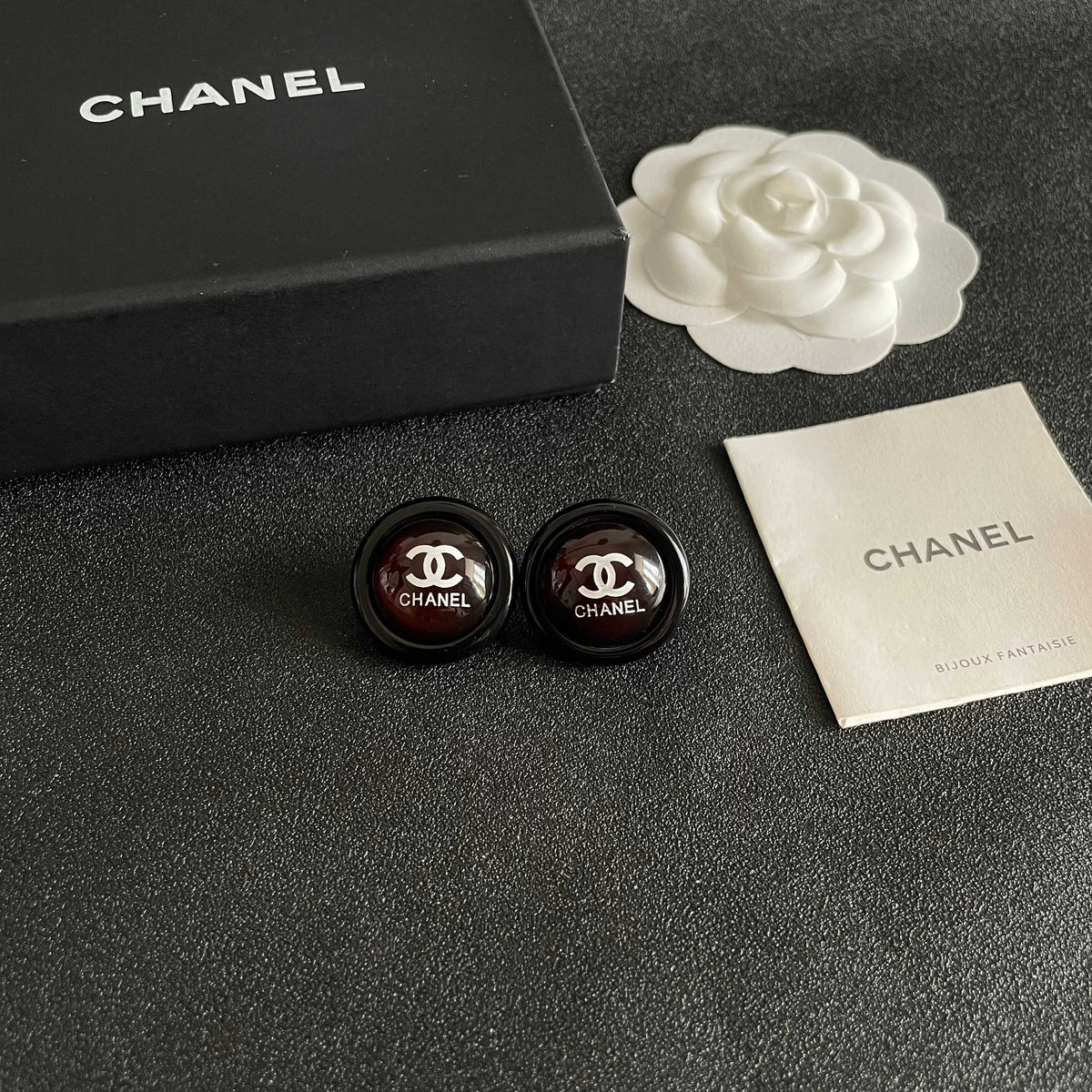 Double-C Emblem Stud Earrings in Polished Metal-Tone – Design 447 styled product view