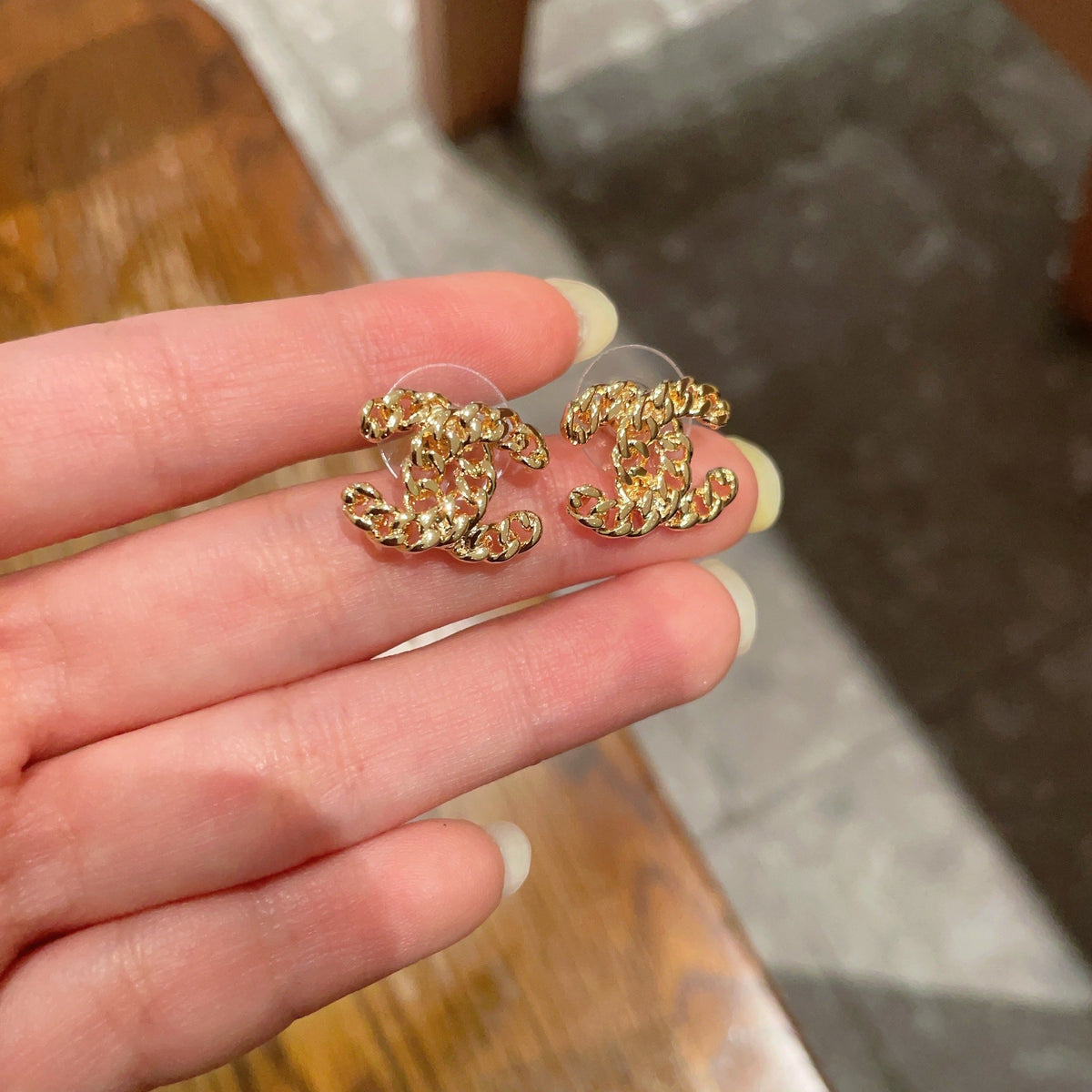 Double-C Emblem Stud Earrings in Polished Metal-Tone – Design 440 side detail