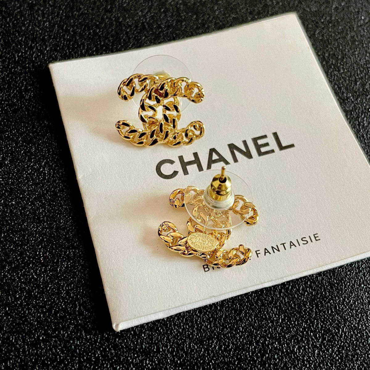Double-C Emblem Stud Earrings in Polished Metal-Tone – Design 440 main product view