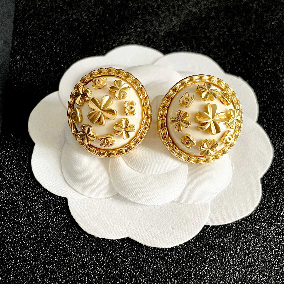 Camellia Stud Earrings in Polished Metal-Tone – Camellia Detail – Design 056 front product view