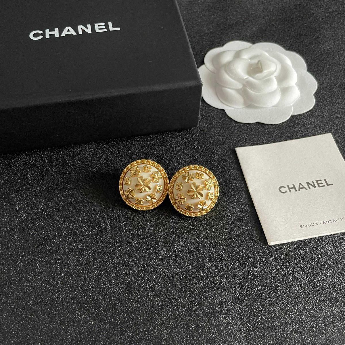 Camellia Stud Earrings in Polished Metal-Tone – Camellia Detail – Design 056 styled product view